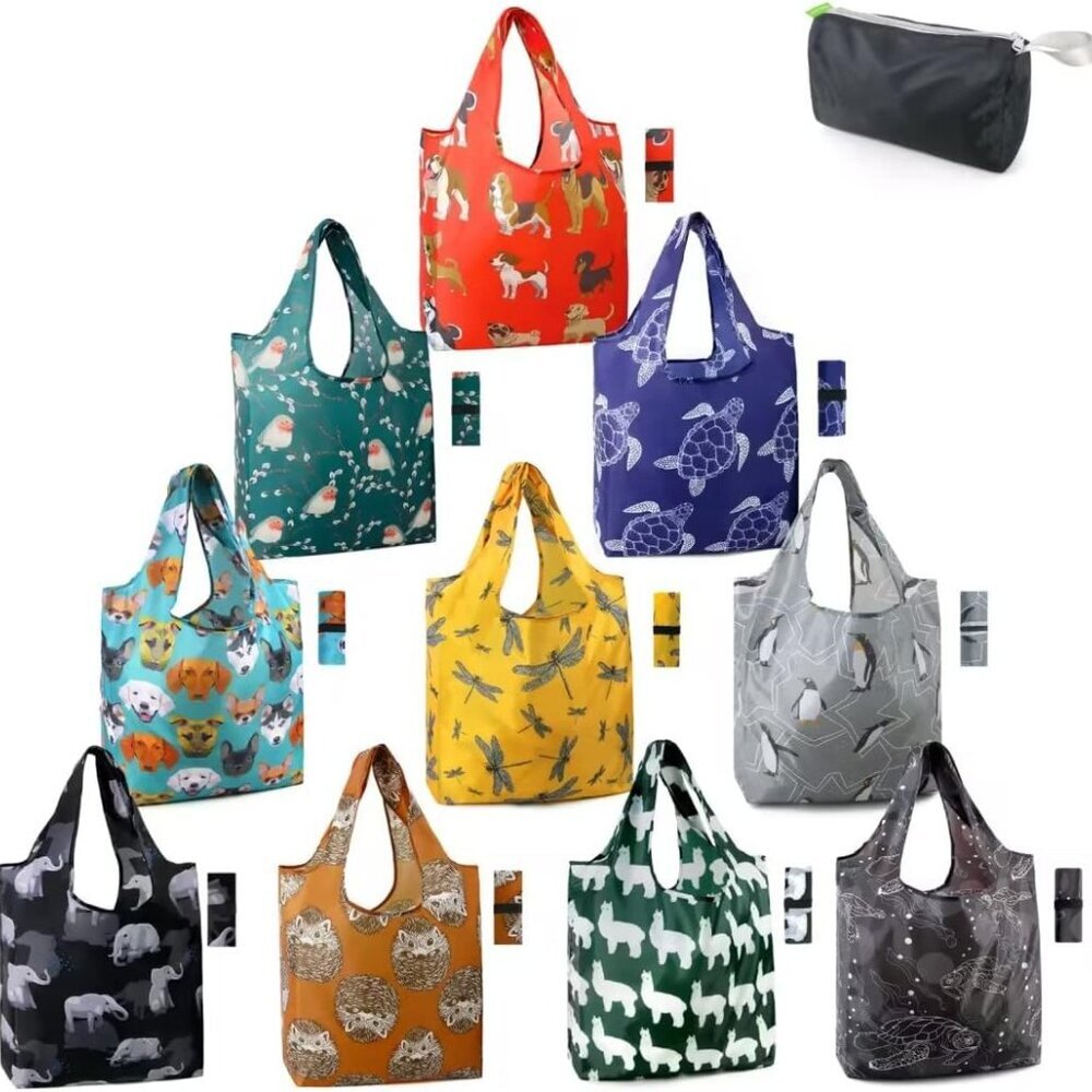 Animal Reusable Shopping Bags Grocery Totes 10 Pack with Zipper Carry Pouch Cute